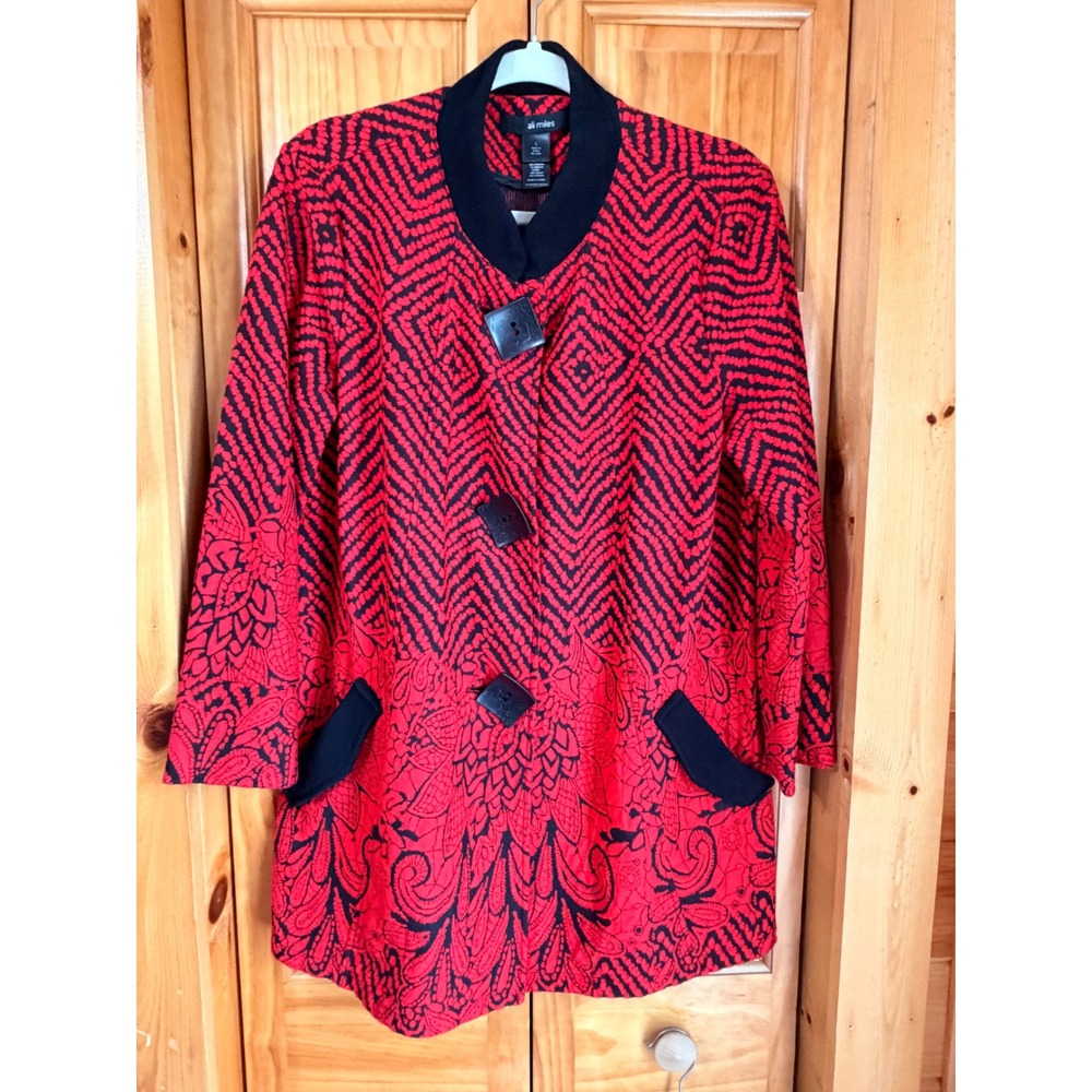 Ali Miles Womens L Red Black Artsy Lagenlook Tunic Jacket Square Button Floral